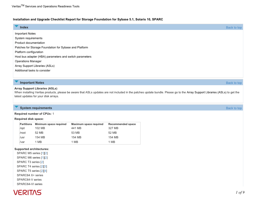 Installation and Upgrade General Checklist Report