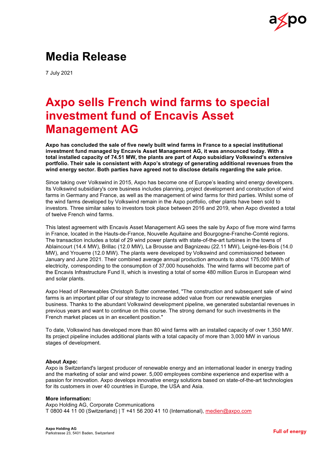 Media Release Axpo Sells French Wind Farms to Special Investment
