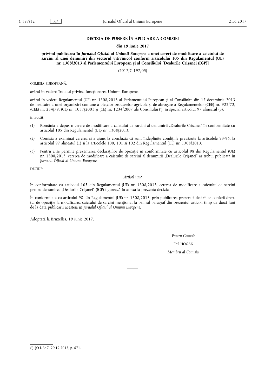 Decizia De Punere În Aplicare a Comisiei Din 19 Iunie 2017 Privind