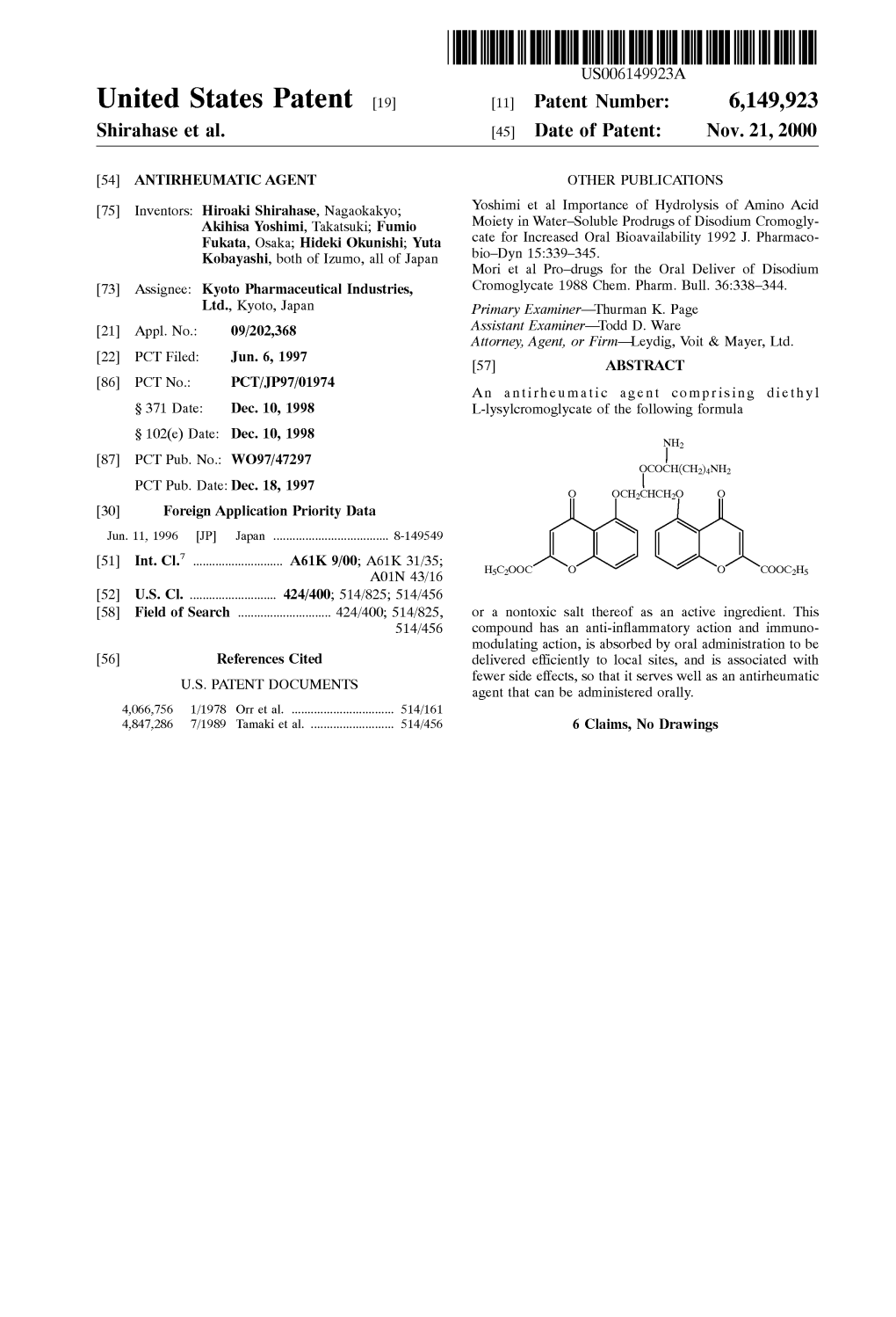 United States Patent [19] [11] Patent Number: 6,149,923 Shirahase Et Al