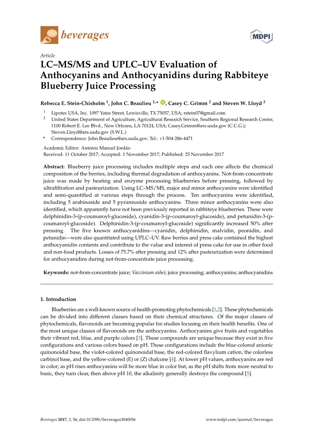 LC–MS/MS and UPLC–UV Evaluation of Anthocyanins and Anthocyanidins During Rabbiteye Blueberry Juice Processing