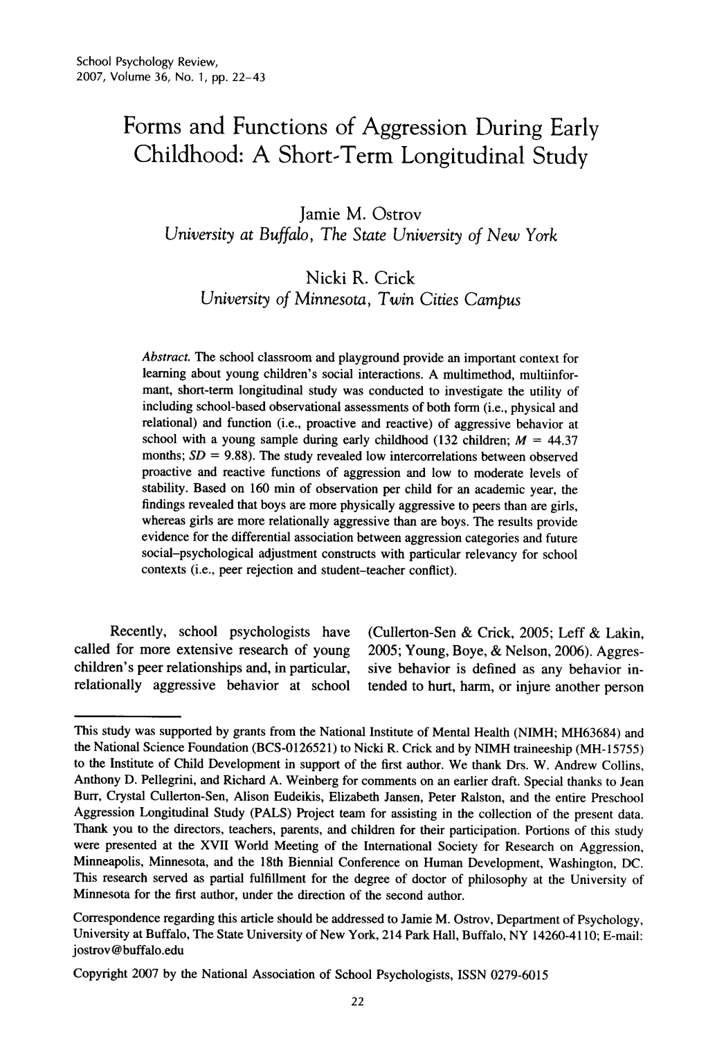 Forms and Functions of Aggression During Early Childhood: a Short-Term Longitudinal Study