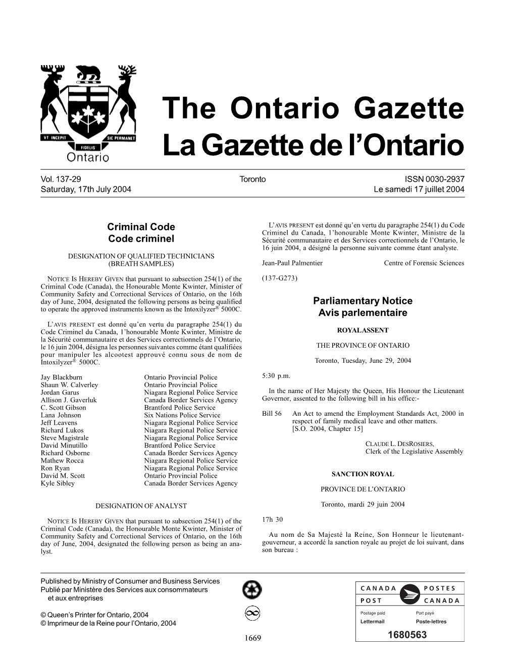 Ontario Gazette Volume 137 Issue 29, La Gazette De L'ontario Volume 137