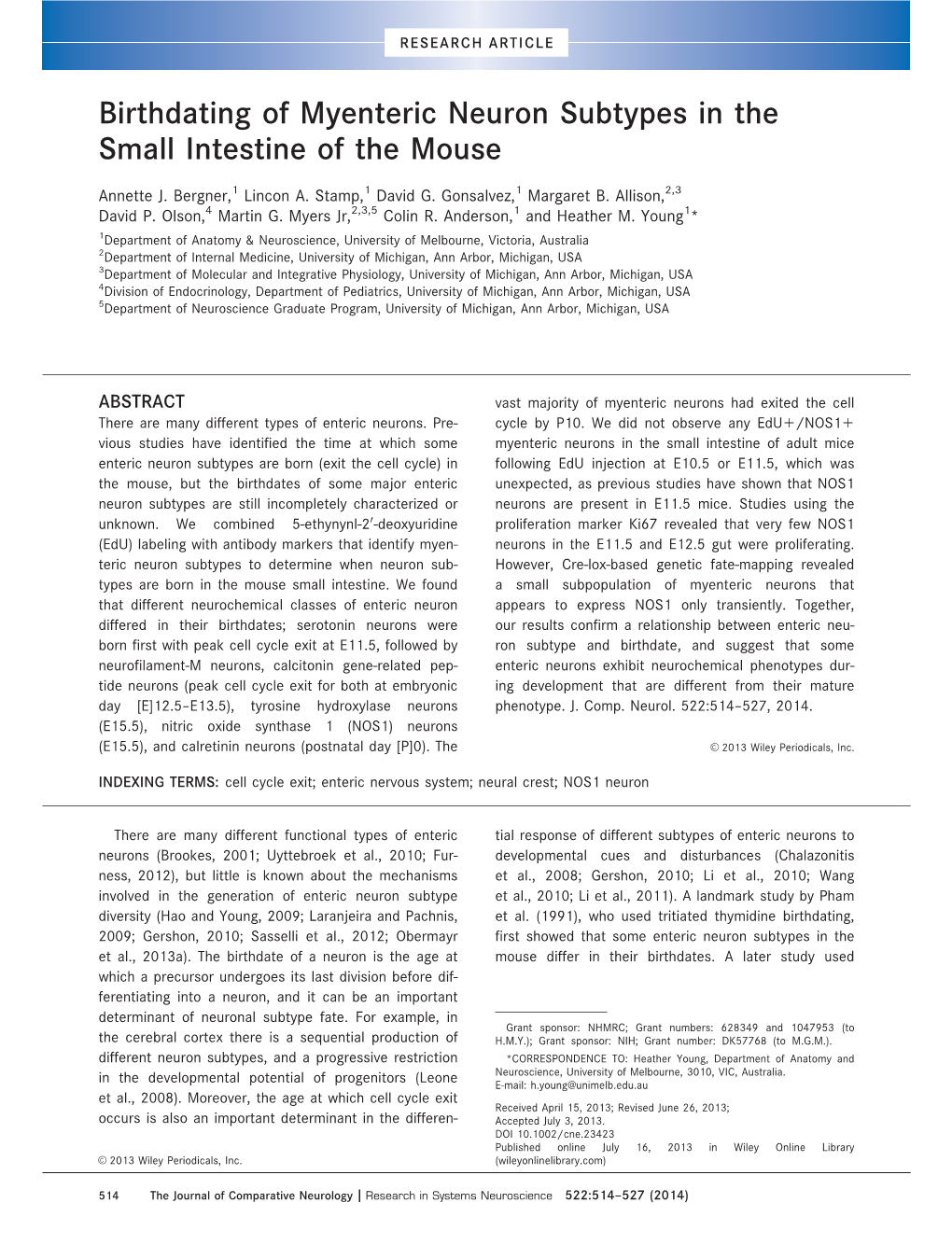 Birthdating of Myenteric Neuron Subtypes in the Small Intestine of the Mouse