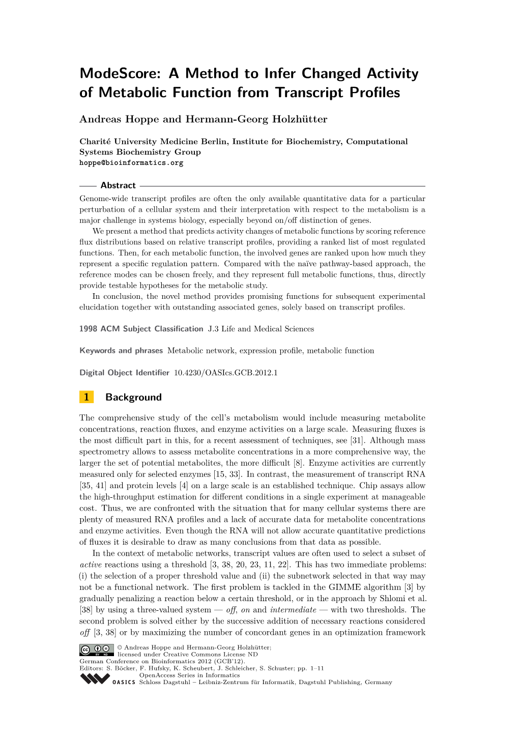 A Method to Infer Changed Activity of Metabolic Function from Transcript Proﬁles