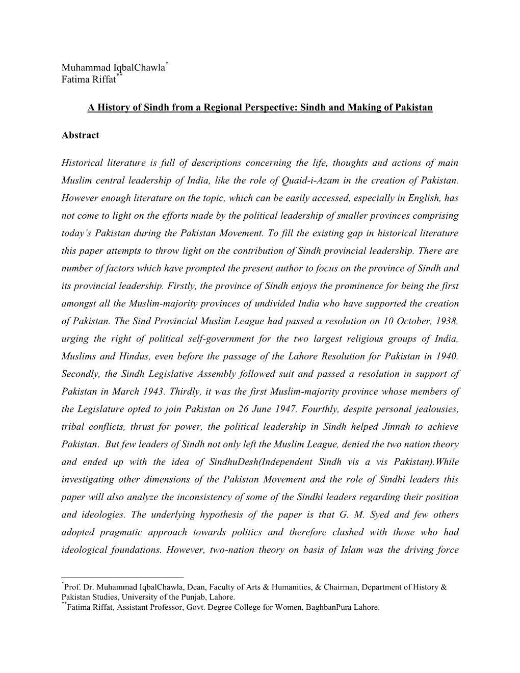 Sindh and Making of Pakistan Abstract Histori