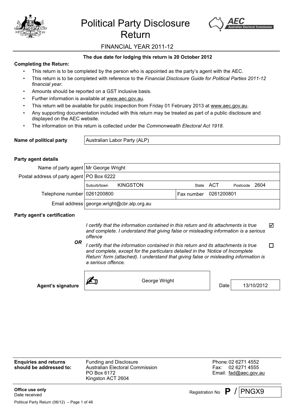 Political Party Return for 2011-12