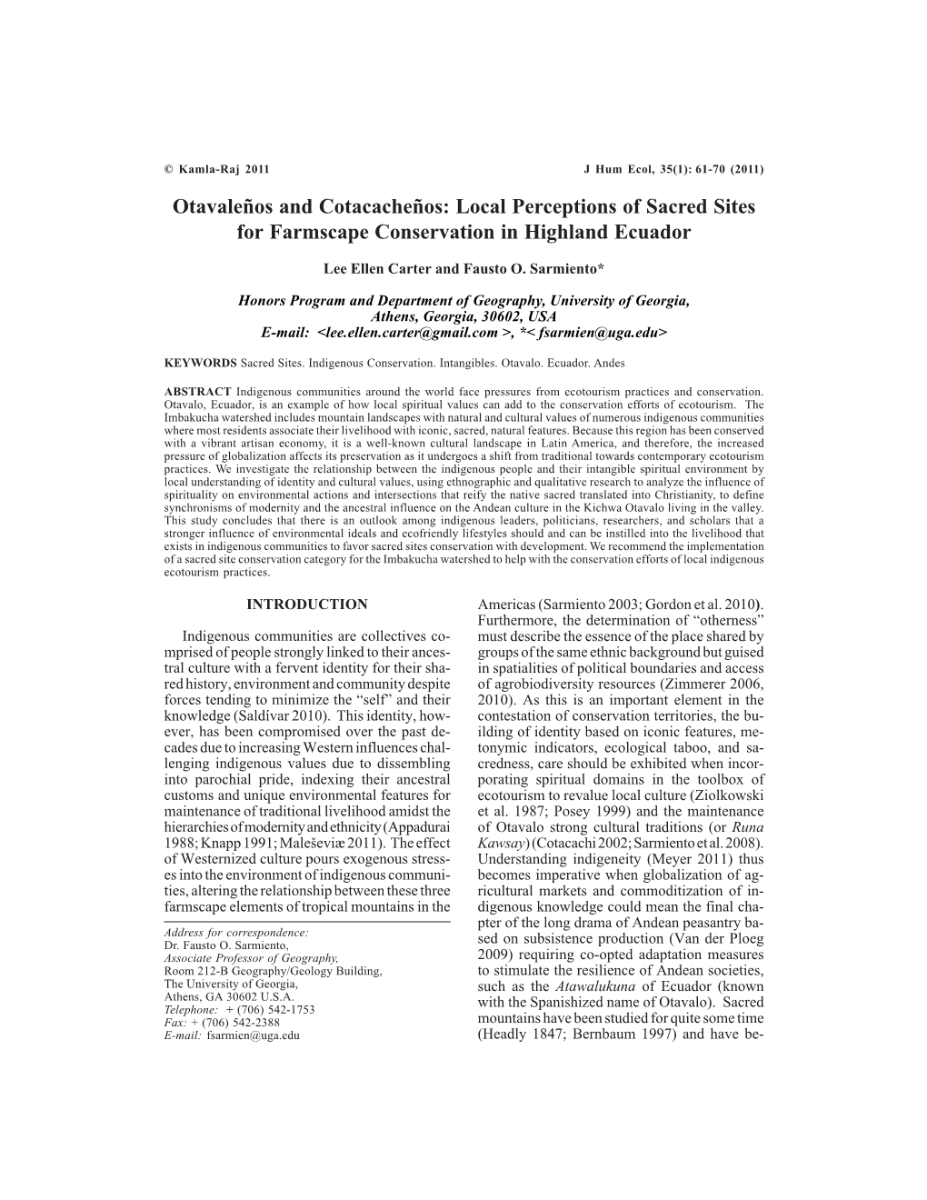 Otavaleños and Cotacacheños: Local Perceptions of Sacred Sites for Farmscape Conservation in Highland Ecuador