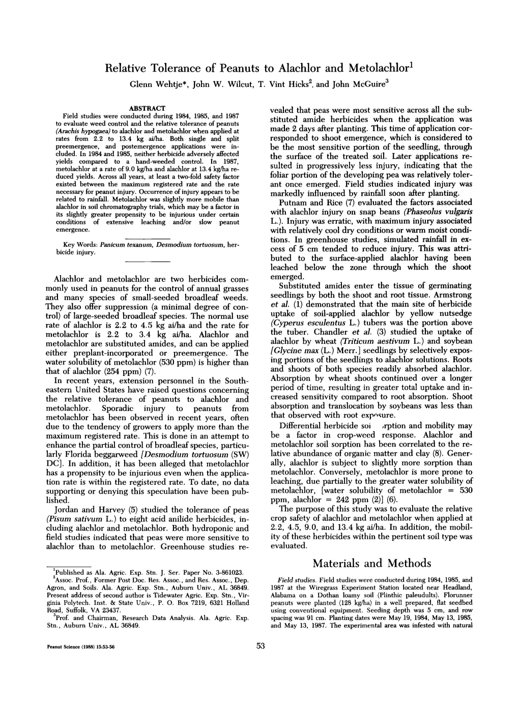 Relative Tolerance of Peanuts to Alachlor and Metolachlor' Materials