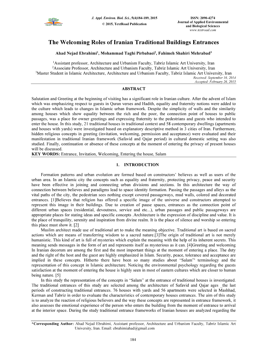 The Welcoming Roles of Iranian Traditional Buildings Entrances