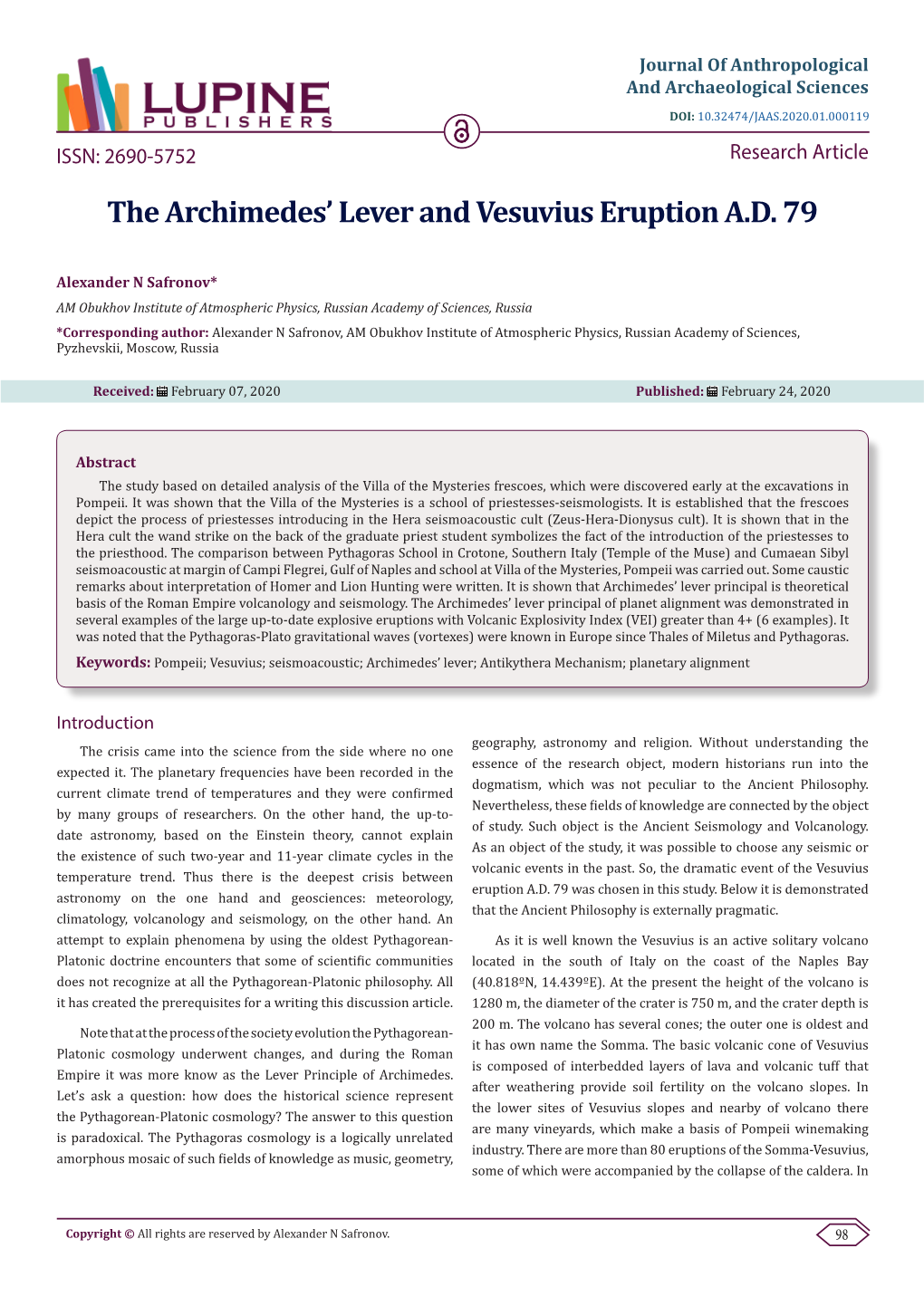 The Archimedes' Lever and Vesuvius Eruption A.D. 79