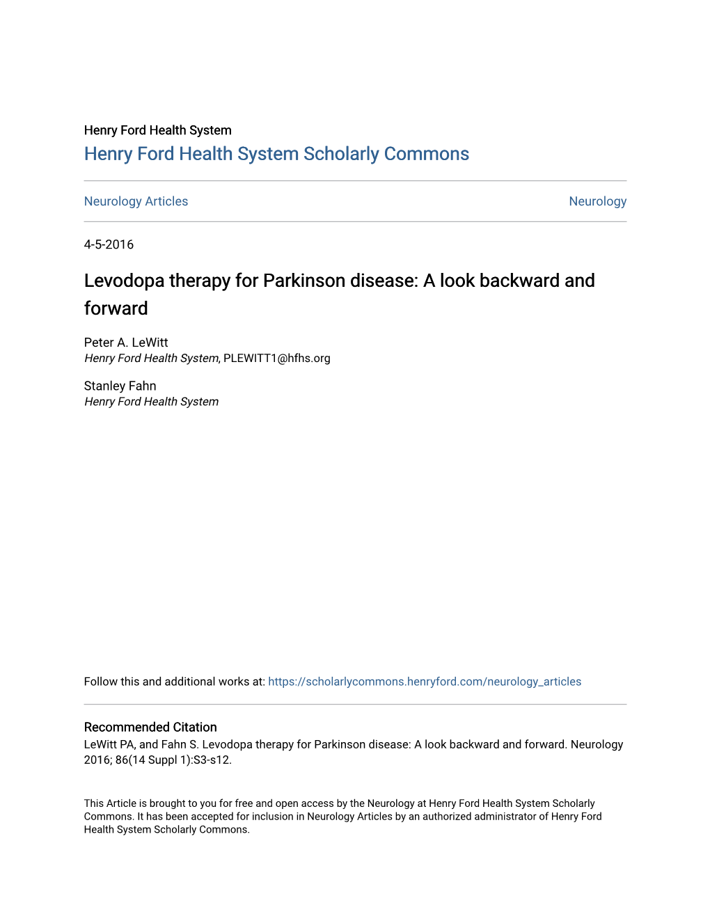 Levodopa Therapy for Parkinson Disease: a Look Backward and Forward