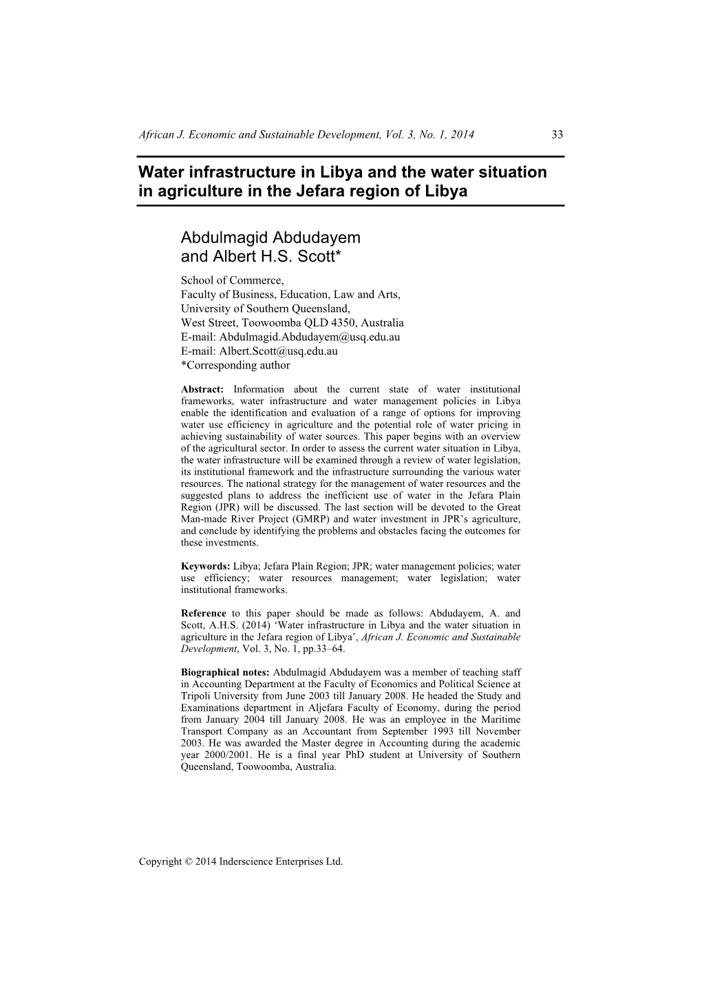 Water Infrastructure in Libya and the Water Situation in Agriculture in the Jefara Region of Libya