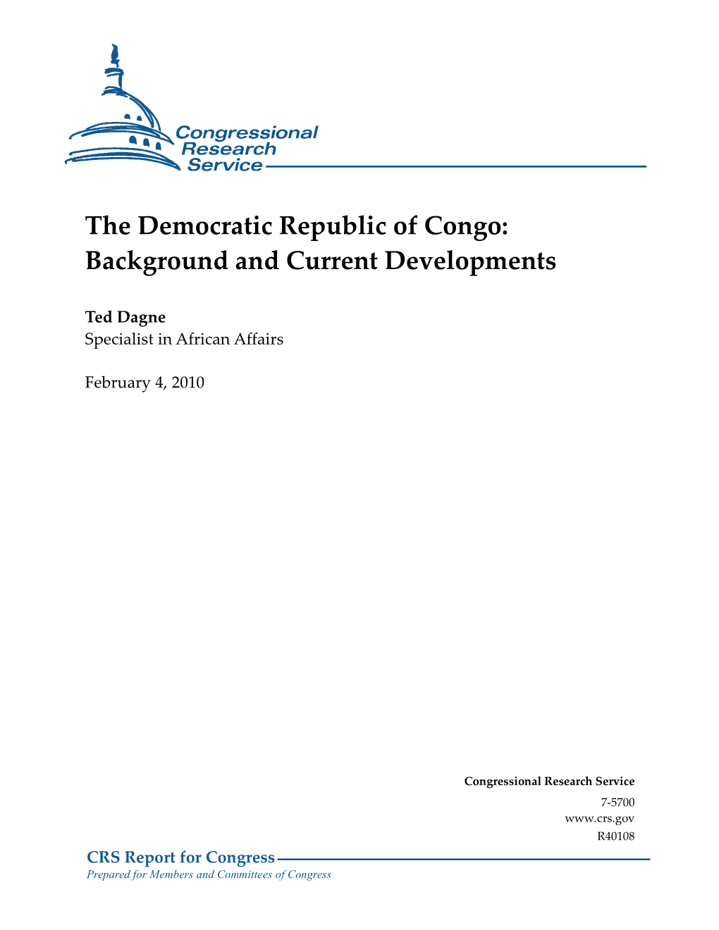 The Democratic Republic of Congo: Background and Current Developments