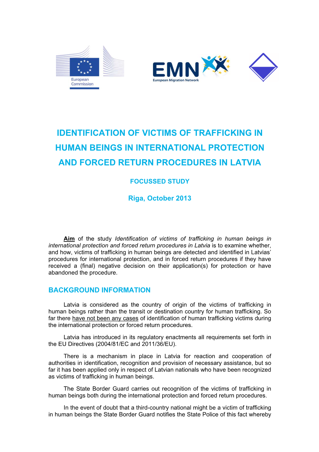 Identification of Victims of Trafficking in Human Beings in International Protection and Forced Return Procedures in Latvia