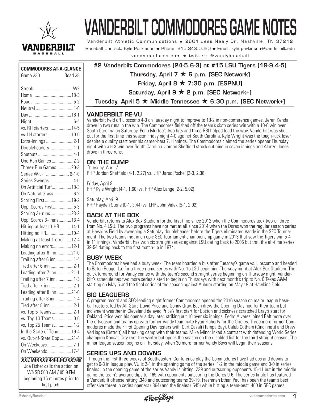 VANDERBILT COMMODORES GAME NOTES Vanderbilt Athletic Communications H 2601 Jess Neely Dr