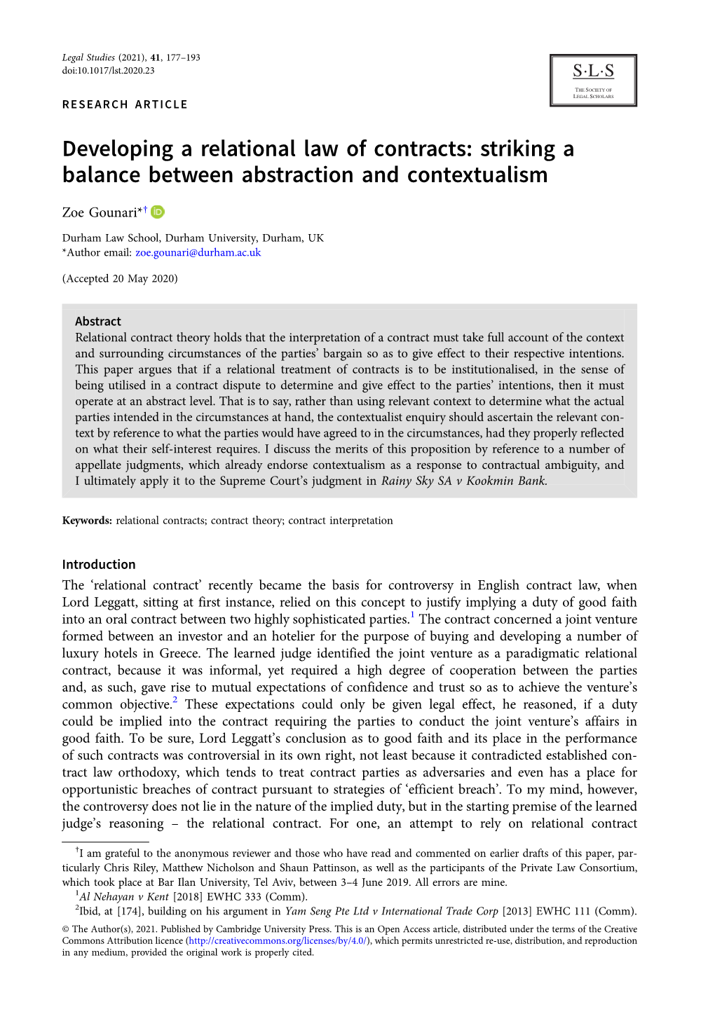 Developing a Relational Law of Contracts: Striking a Balance Between Abstraction and Contextualism