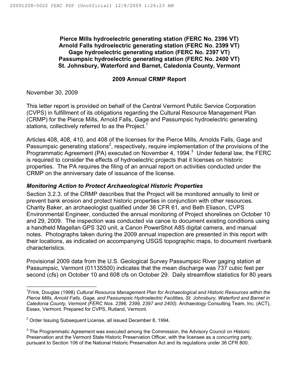 Pierce Mills Hydroelectric Generating Station (FERC No. 2396 VT) Arnold Falls Hydroelectric Generating Station (FERC No