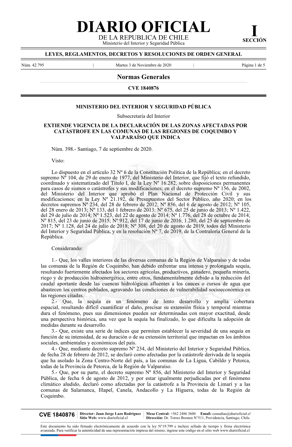 DIARIO OFICIAL I DE LA REPUBLICA DE CHILE SECCIÓN Ministerio Del Interior Y Seguridad Pública