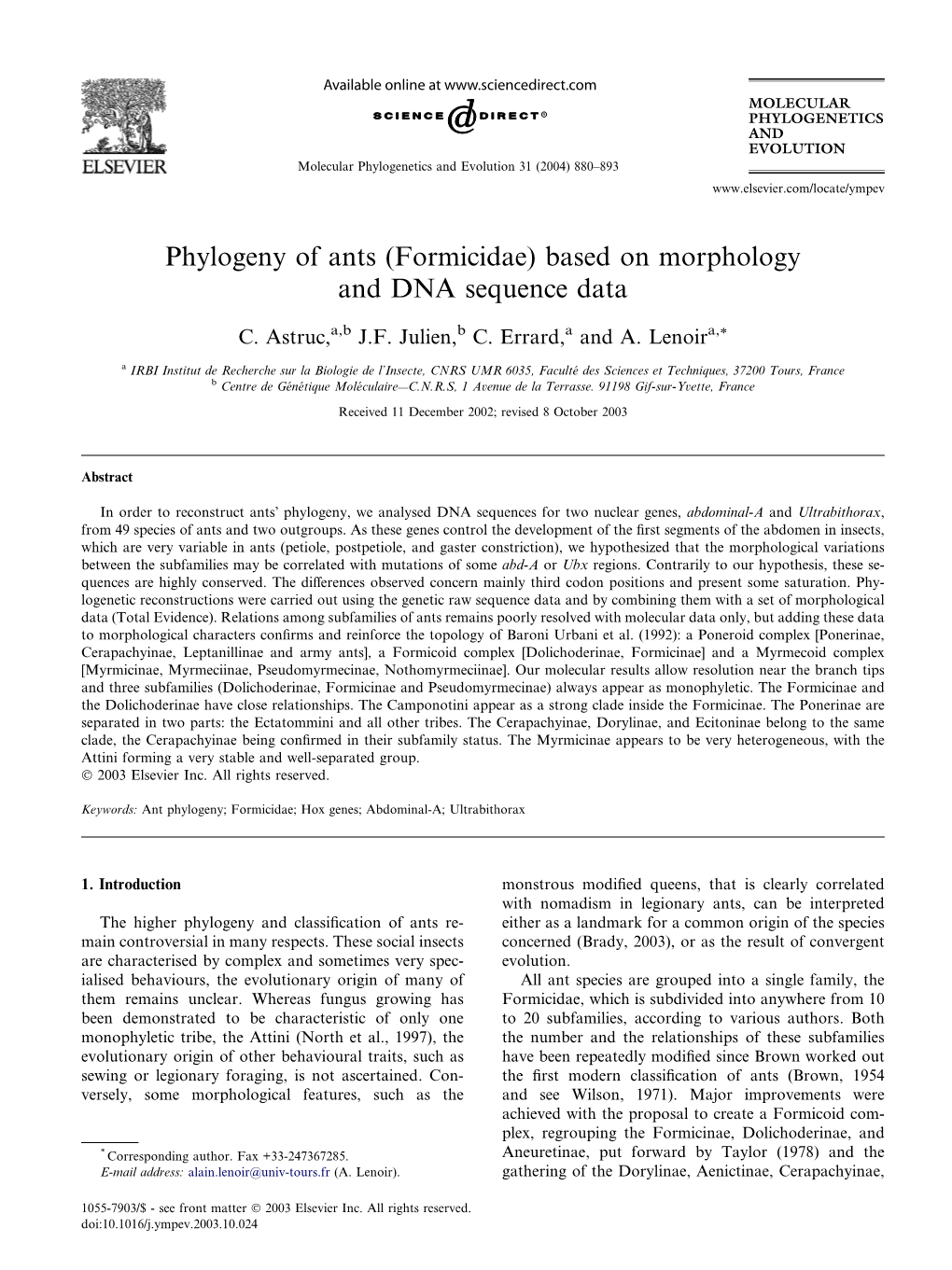 (Formicidae) Based on Morphology and DNA Sequence Data