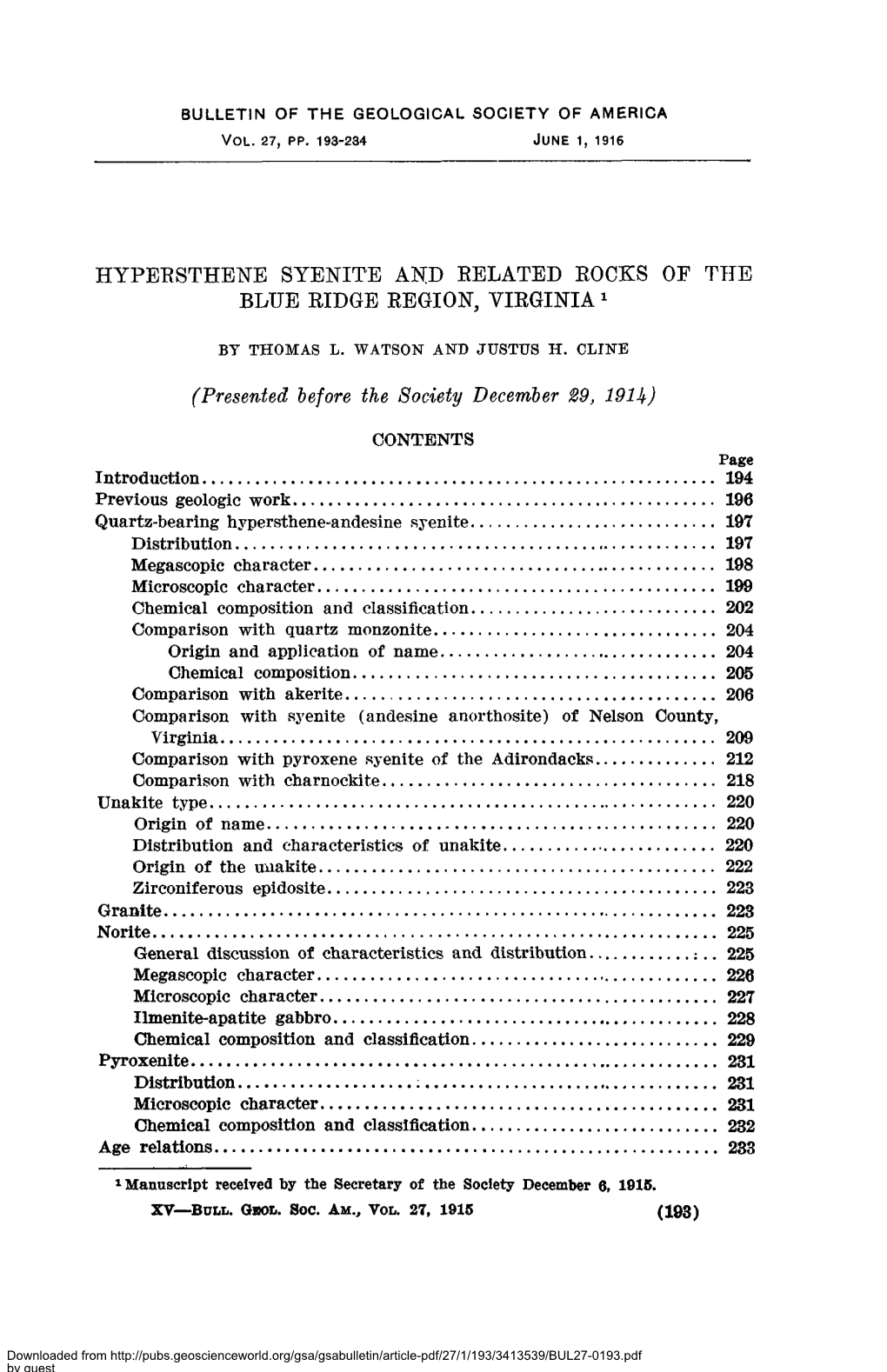 Hypersthene Syenite and Related Rocks of the Blue Ridge Region, Virginia1