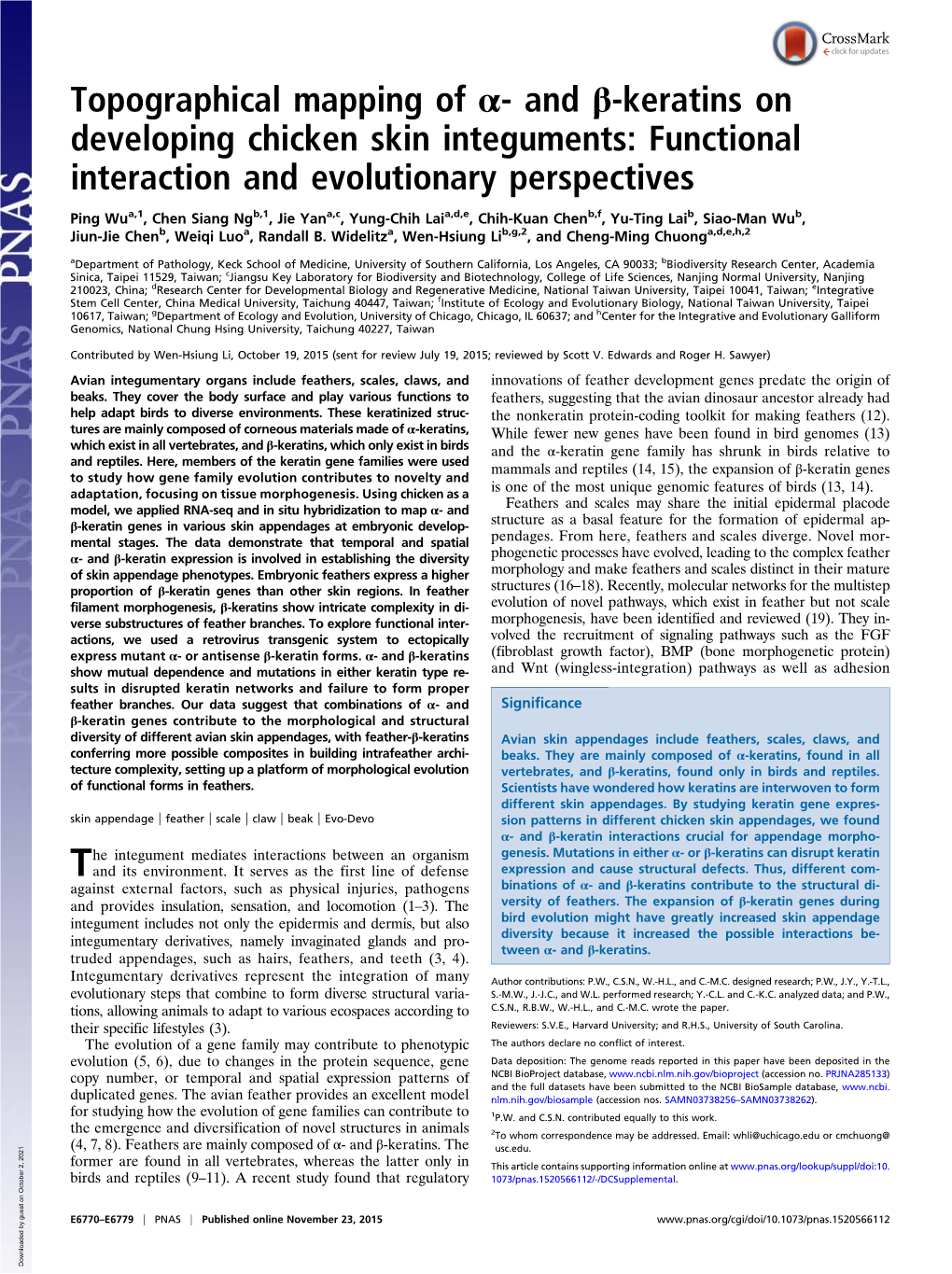 And Β-Keratins on Developing Chicken Skin Integuments: Functional Interaction and Evolutionary Perspectives