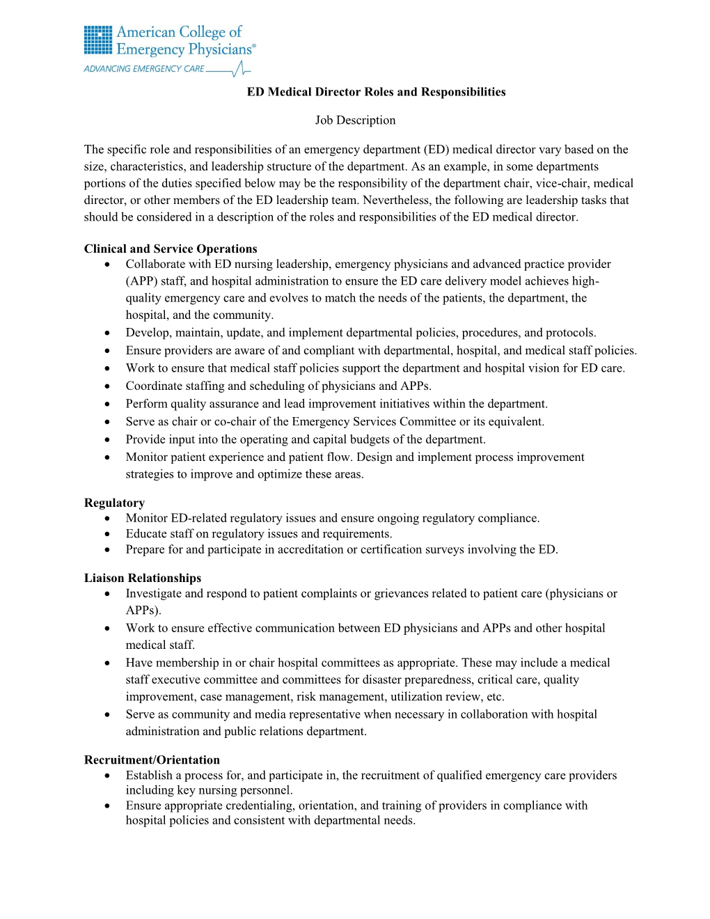 ED Medical Director Roles and Responsibilities Job Description, July 2015 Page 2
