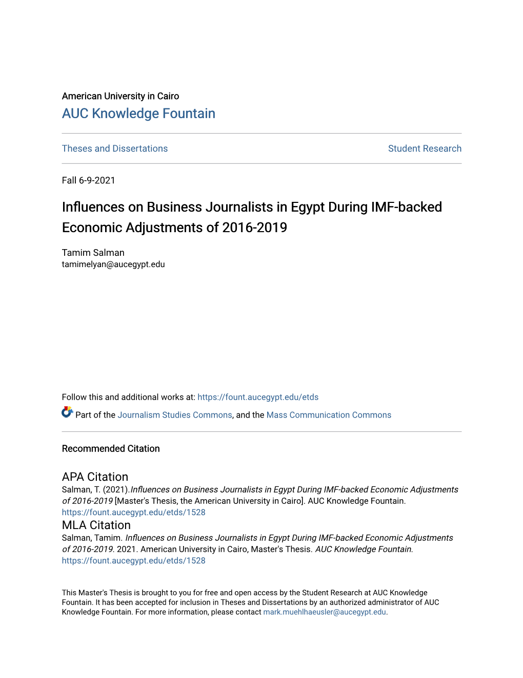 Influences on Business Journalists in Egypt During IMF-Backed Economic Adjustments of 2016-2019 [Master's Thesis, the American University in Cairo]