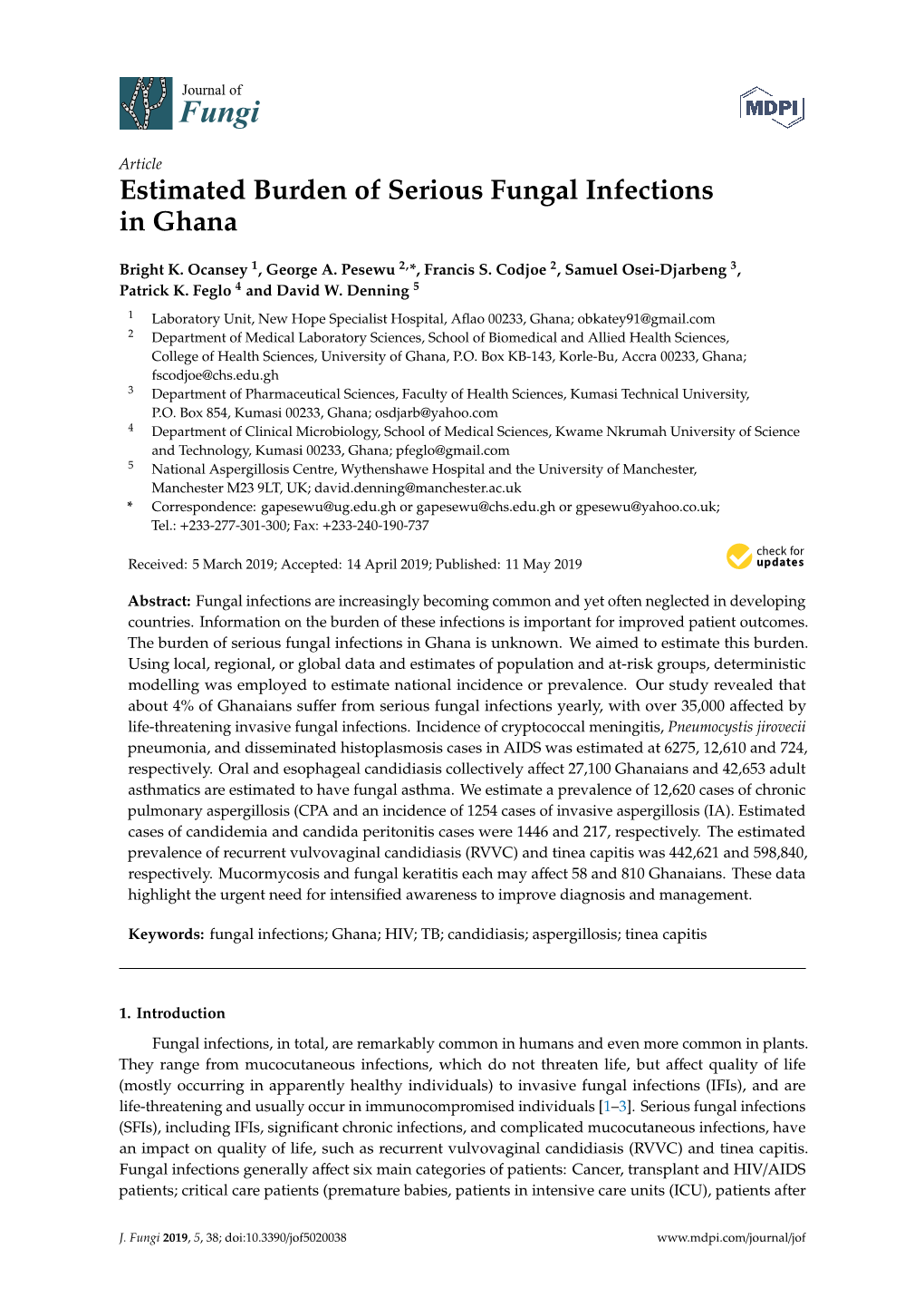 Estimated Burden of Serious Fungal Infections in Ghana