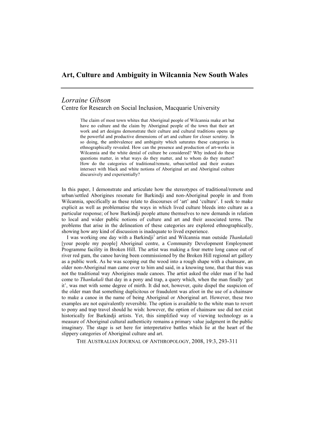 Art, Culture and Ambiguity in Wilcannia New South Wales Lorraine Gibson