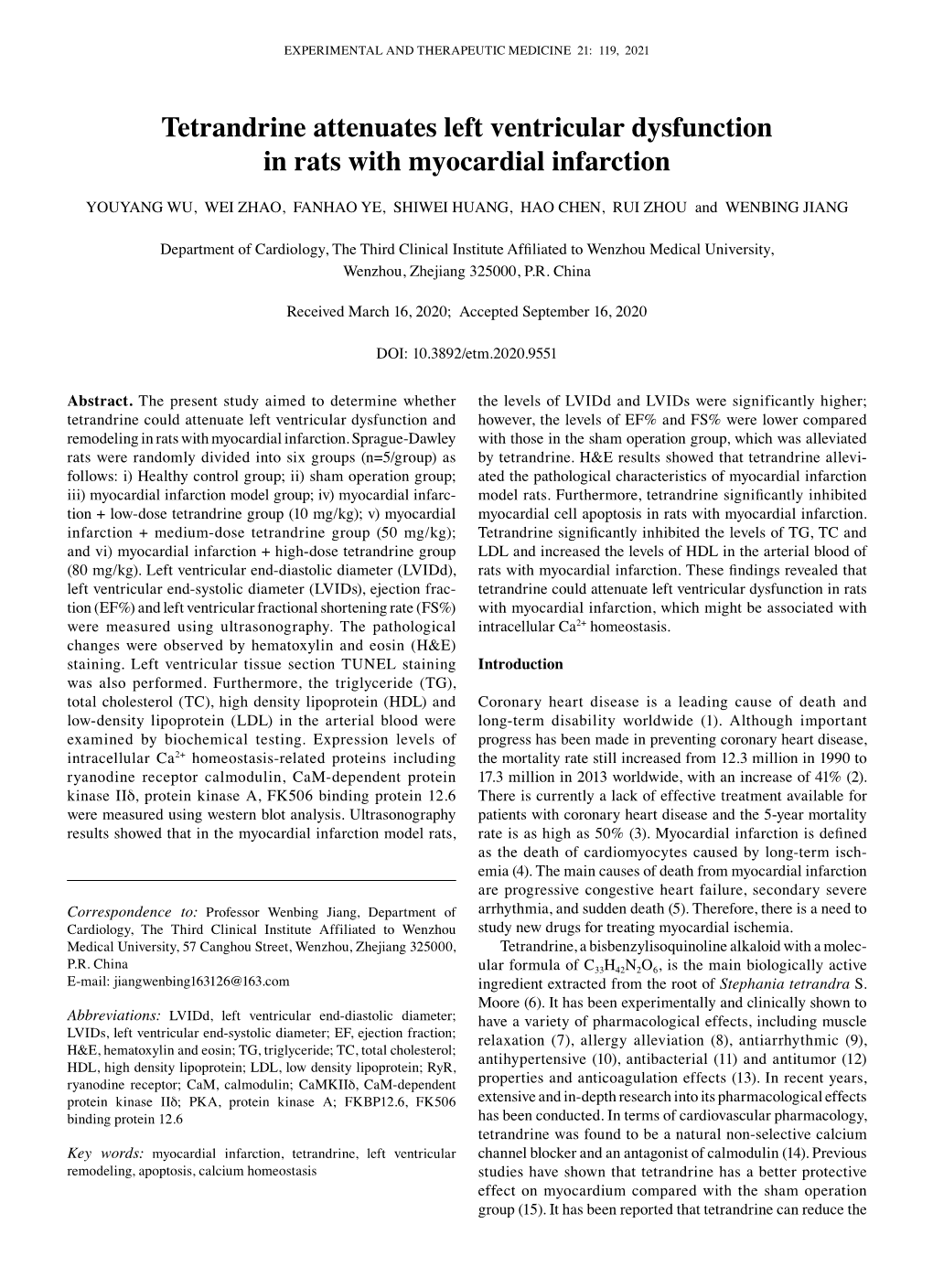 Tetrandrine Attenuates Left Ventricular Dysfunction in Rats with Myocardial Infarction