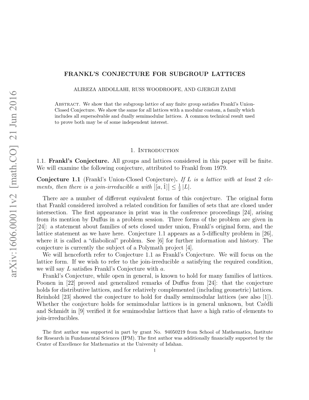 Frankl's Conjecture for Subgroup Lattices