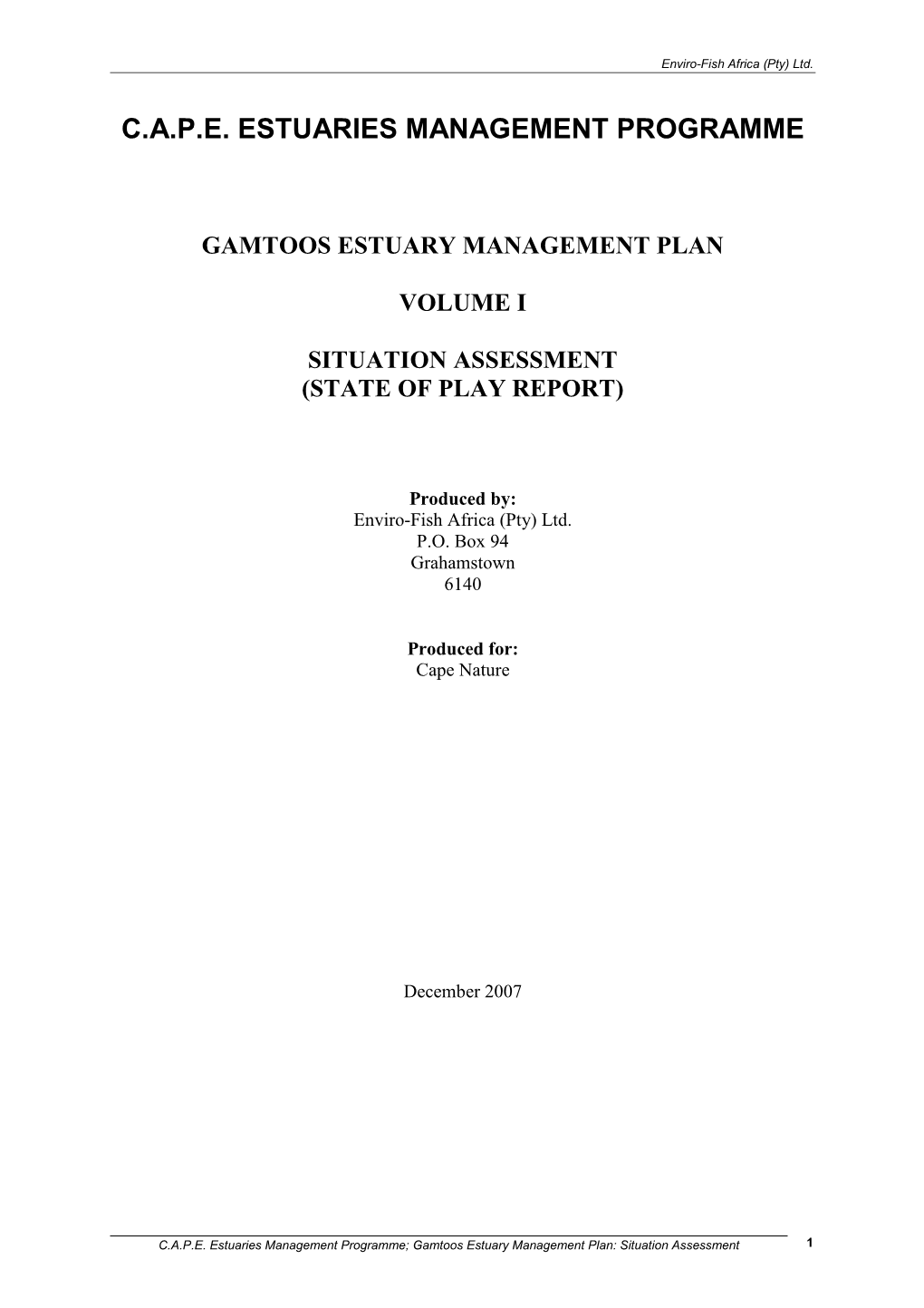 Gamtoos Estuary Management Plan Volume I Situation Assessment