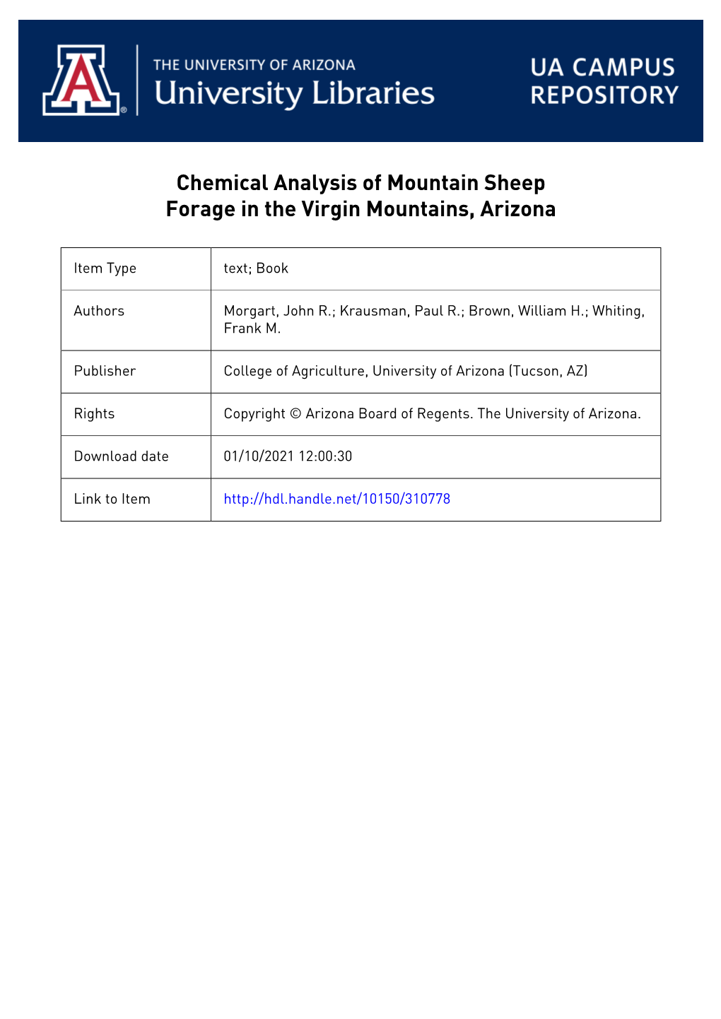 Chemical Analysis of Mountain Sheep Forage in the Virgin Mountains, Arizona