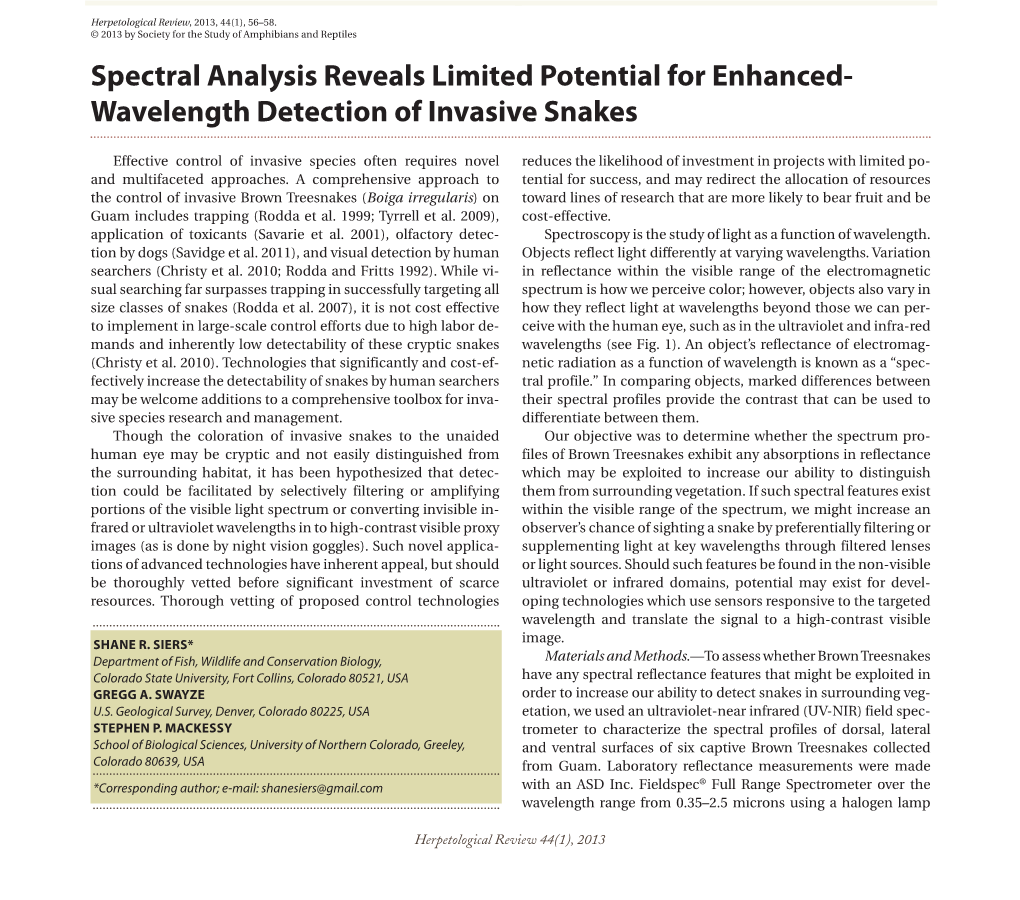 Spectral Analysis Reveals Limited Potential for Enhanced- Wavelength Detection of Invasive Snakes