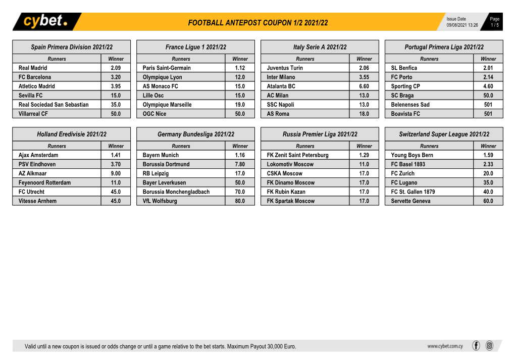 Football Antepost Coupon 1/2 2021/22 09/08/2021 13:26 1 / 5