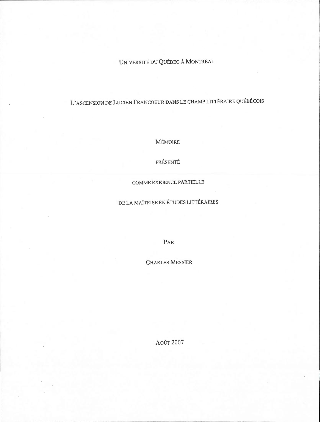 L'ascension De Lucien Francoeur Dans Le Champ Littéraire Québécois