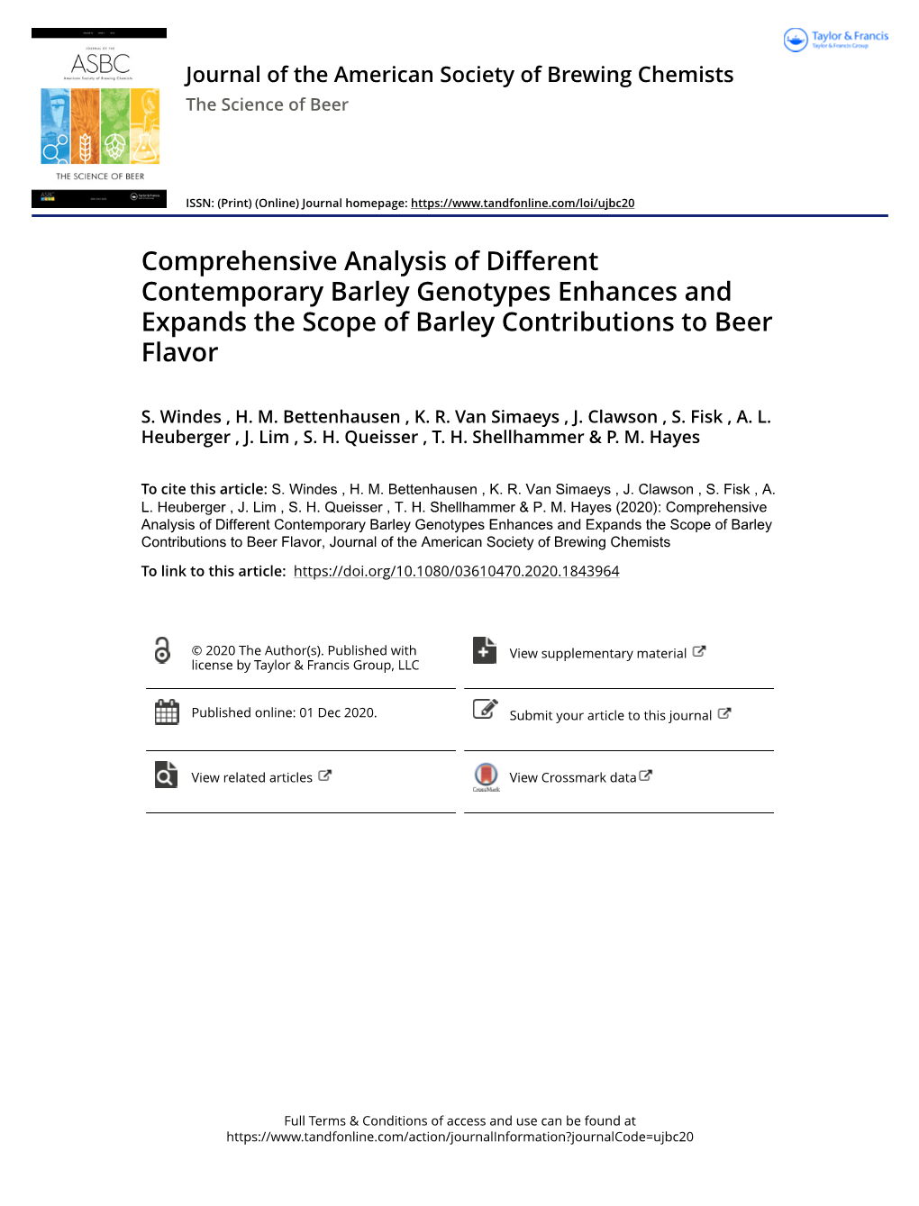 Comprehensive Analysis of Different Contemporary Barley Genotypes Enhances and Expands the Scope of Barley Contributions to Beer Flavor