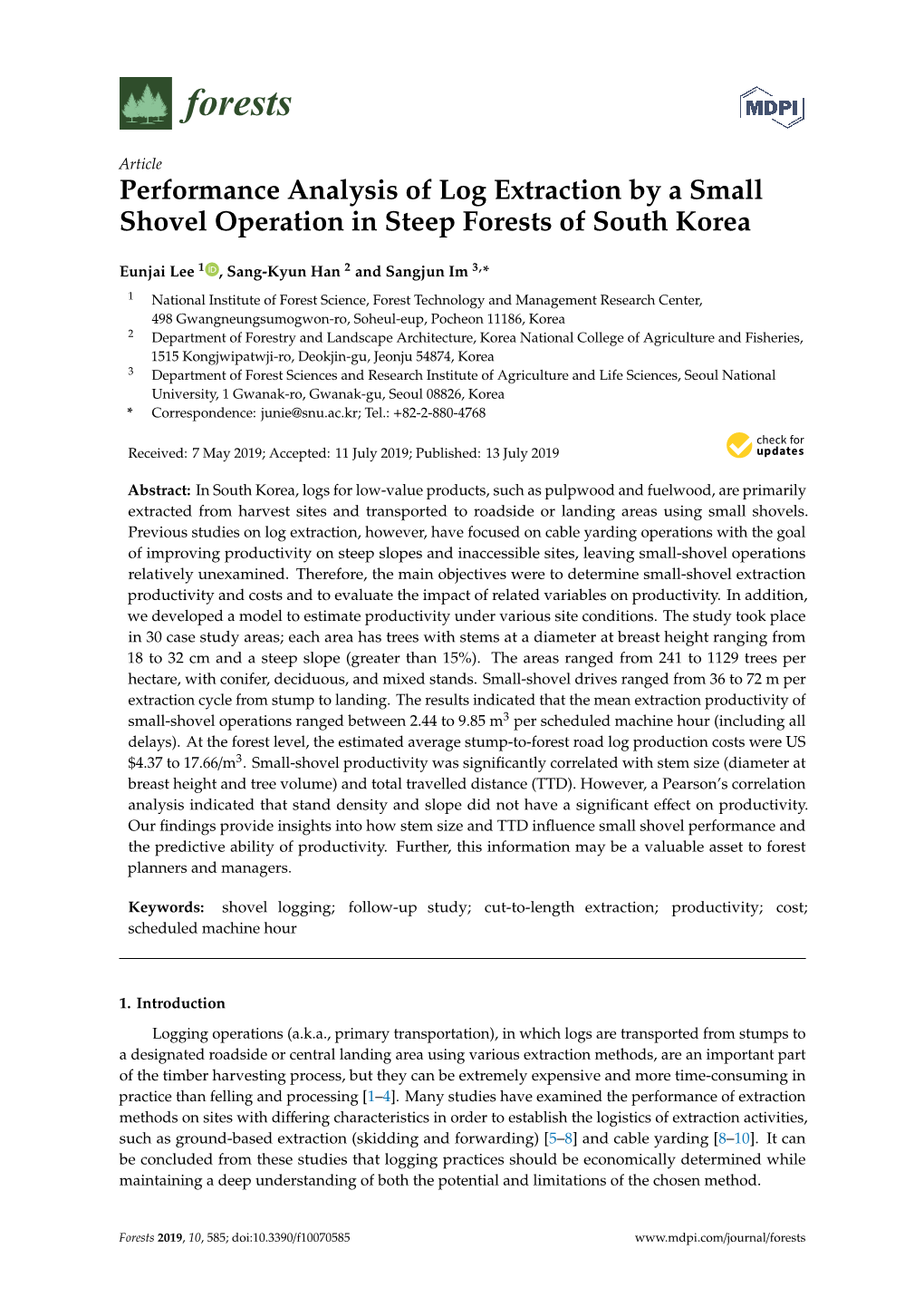 Performance Analysis of Log Extraction by a Small Shovel Operation in Steep Forests of South Korea