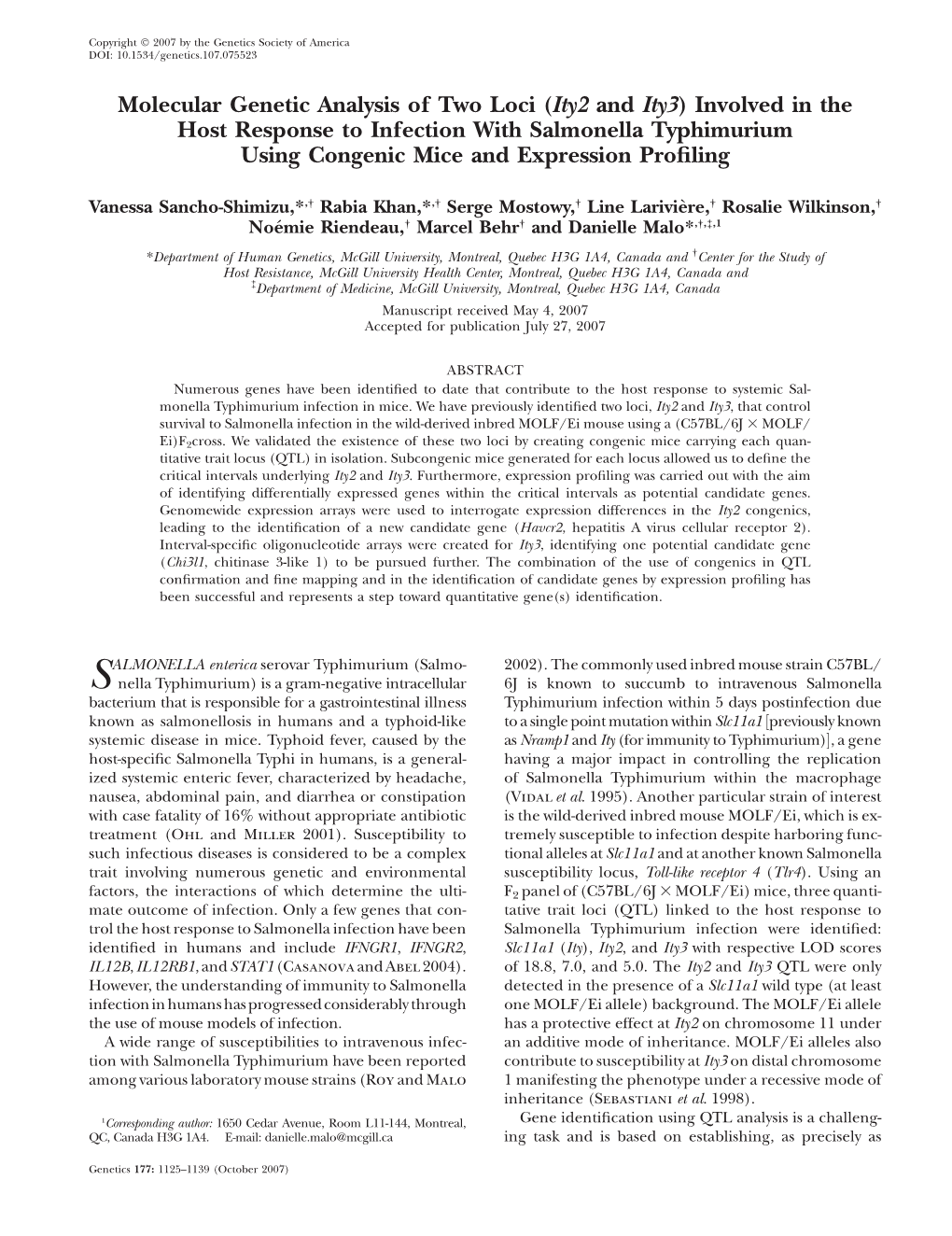 Molecular Genetic Analysis of Two Loci (Ity2 and Ity3) Involved in The