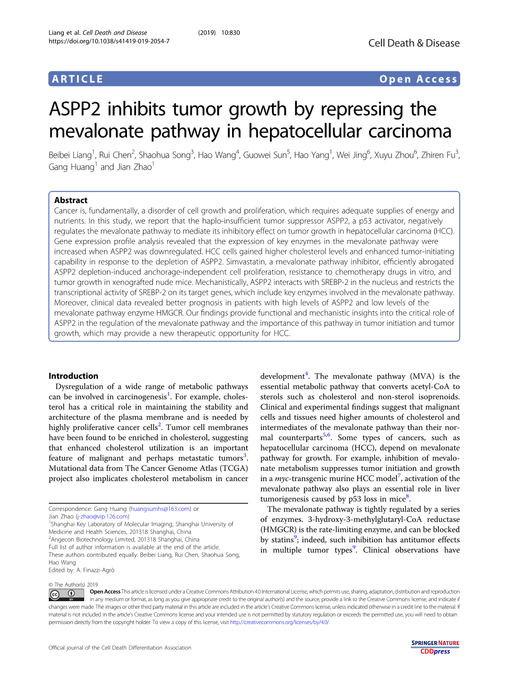 ASPP2 Inhibits Tumor Growth by Repressing the Mevalonate Pathway