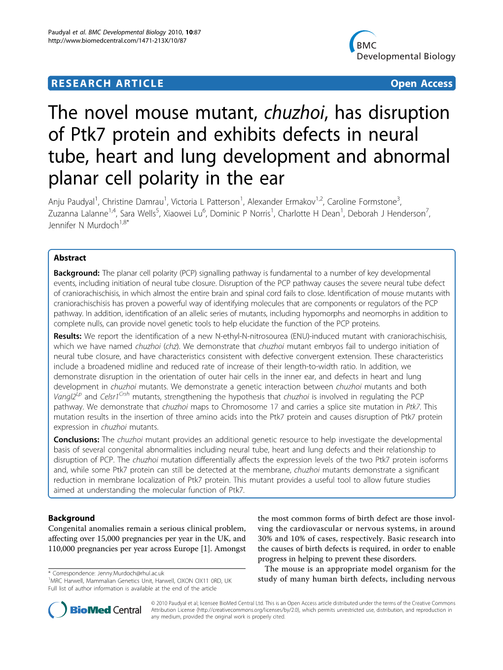 The Novel Mouse Mutant, Chuzhoi, Has Disruption of Ptk7 Protein and Exhibits Defects in Neural Tube, Heart and Lung Development