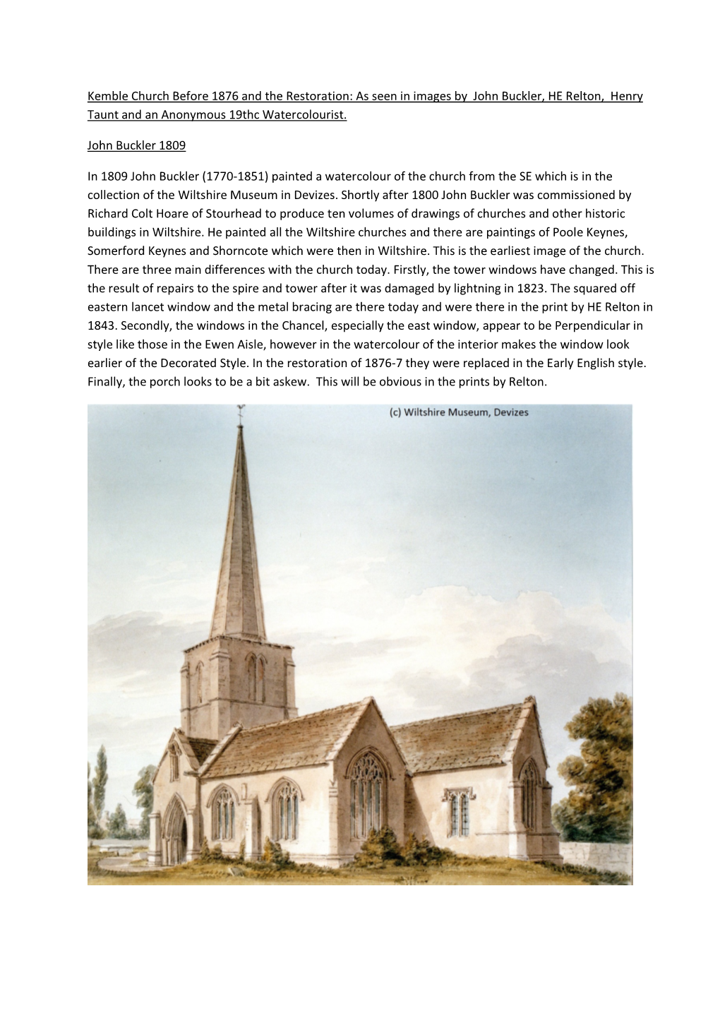 Kemble Church Before 1876 and the Restoration: As Seen in Images by John Buckler, HE Relton, Henry Taunt and an Anonymous 19Thc Watercolourist