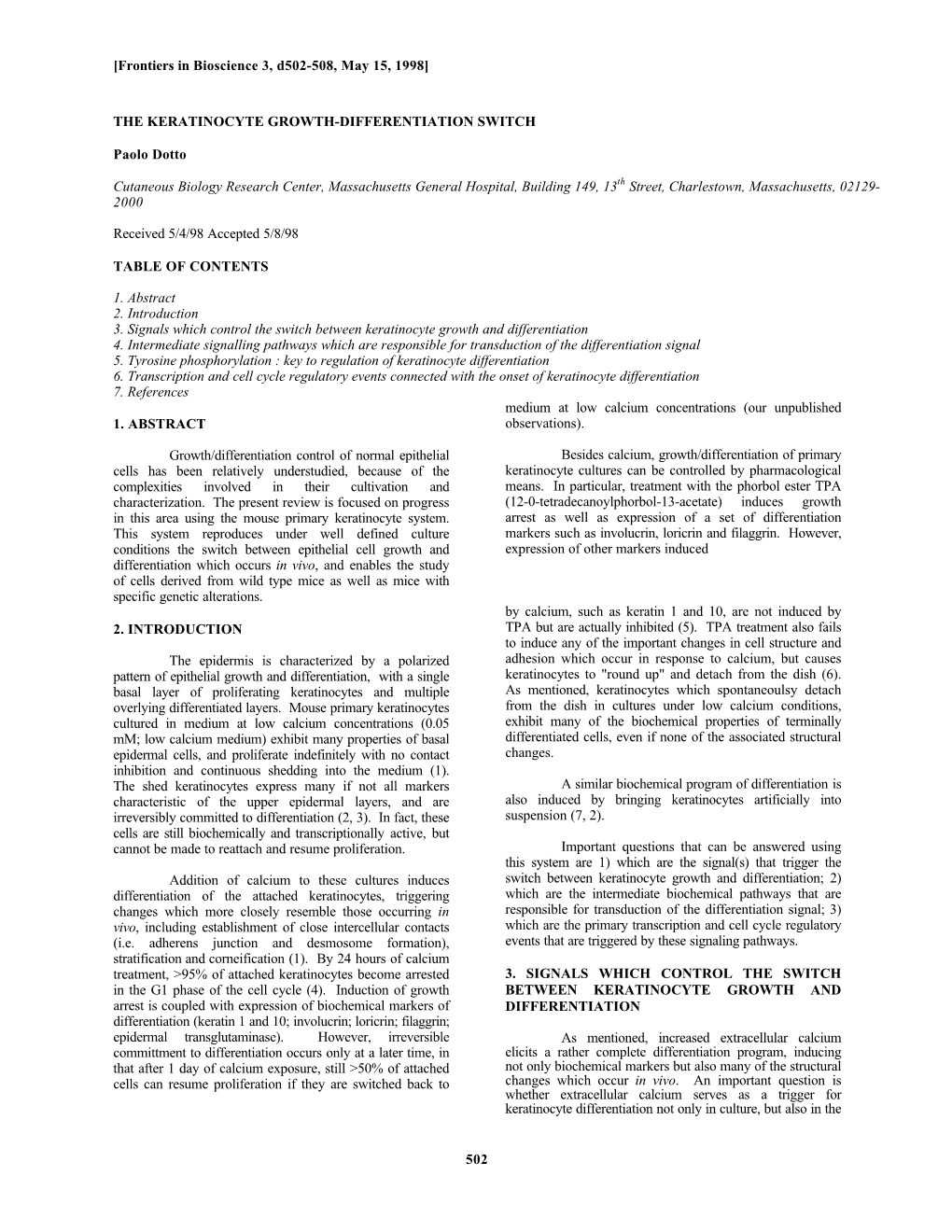 502 the Keratinocyte Growth-Differentiation Switch Intact Skin