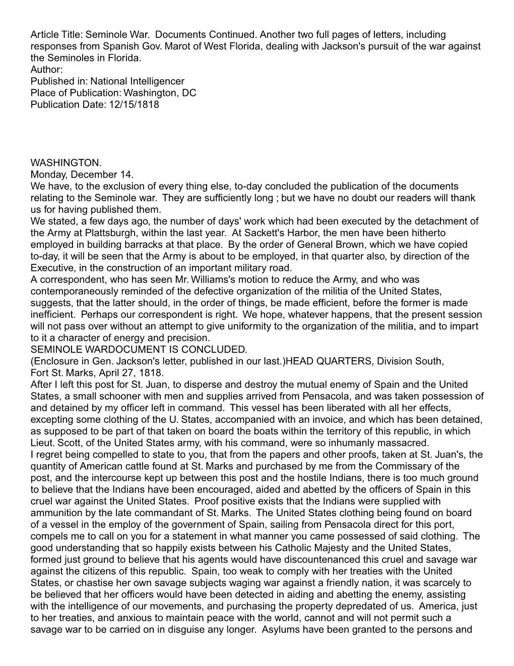 Seminole War. Documents Continued. Another Two Full Pages of Letters, Including Responses from Spanish Gov