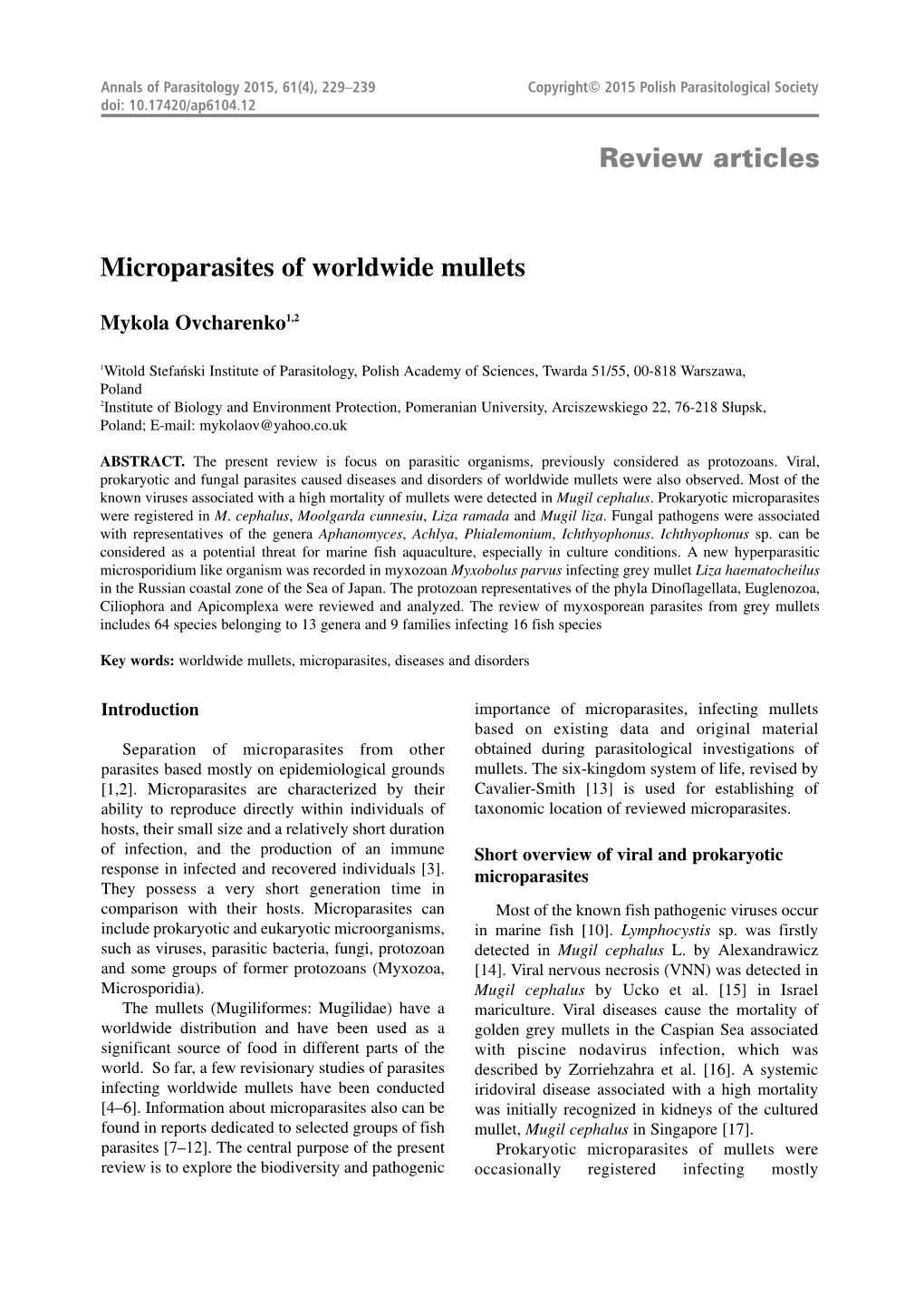 Review Articles Microparasites of Worldwide Mullets