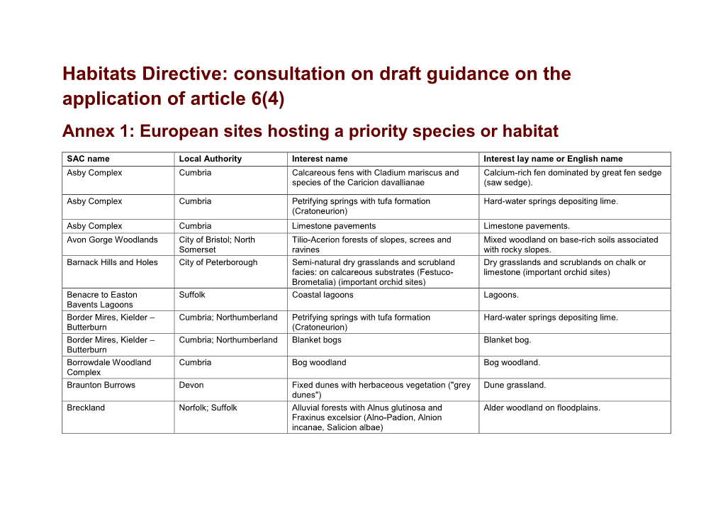 Consultation on Draft Guidance on the Application of Article 6(4) Annex 1: European Sites Hosting a Priority Species Or Habitat