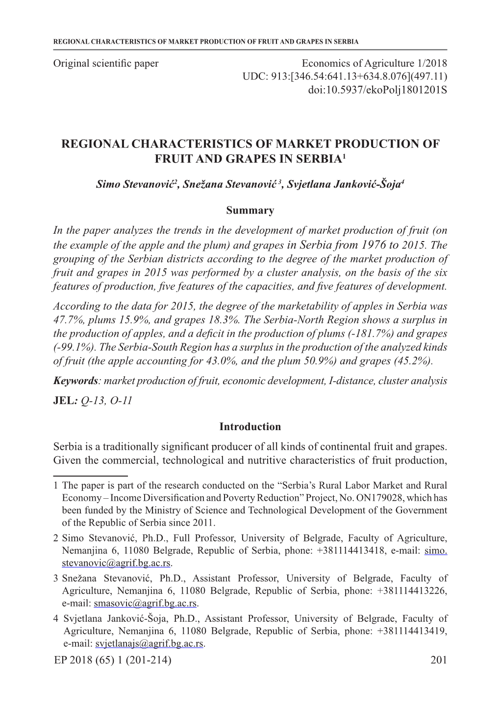 Regional Characteristics of Market Production of Fruit and Grapes in Serbia
