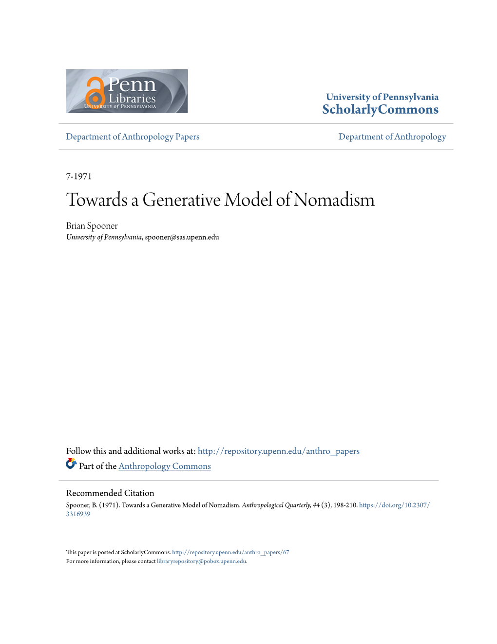 Towards a Generative Model of Nomadism Brian Spooner University of Pennsylvania, Spooner@Sas.Upenn.Edu
