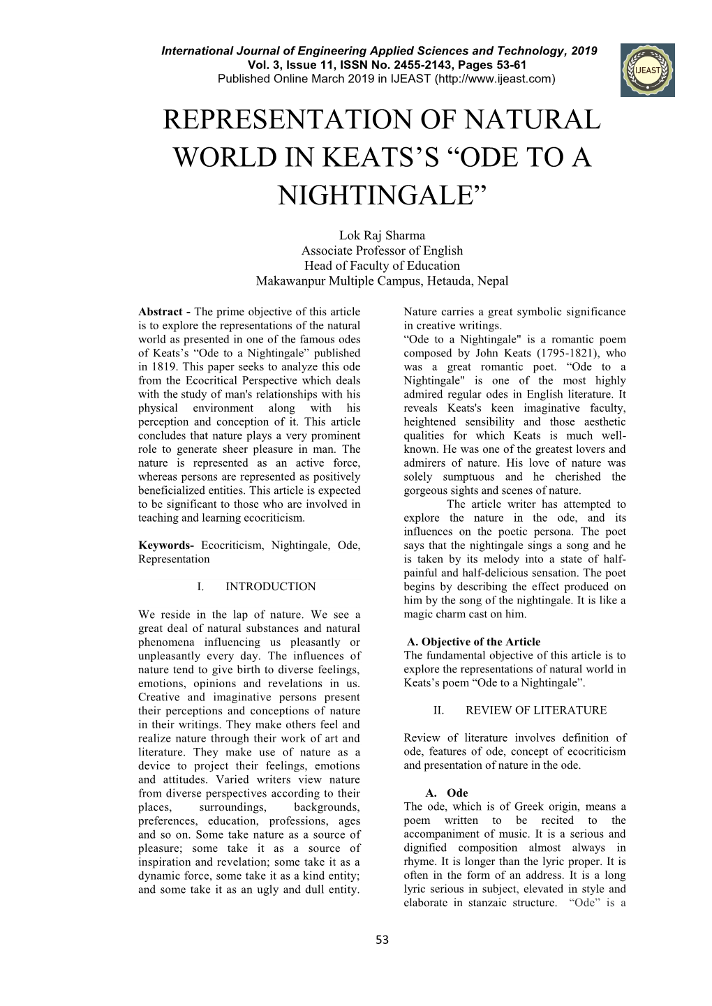 Representation of Natural World in Keats‟S “Ode to a Nightingale”